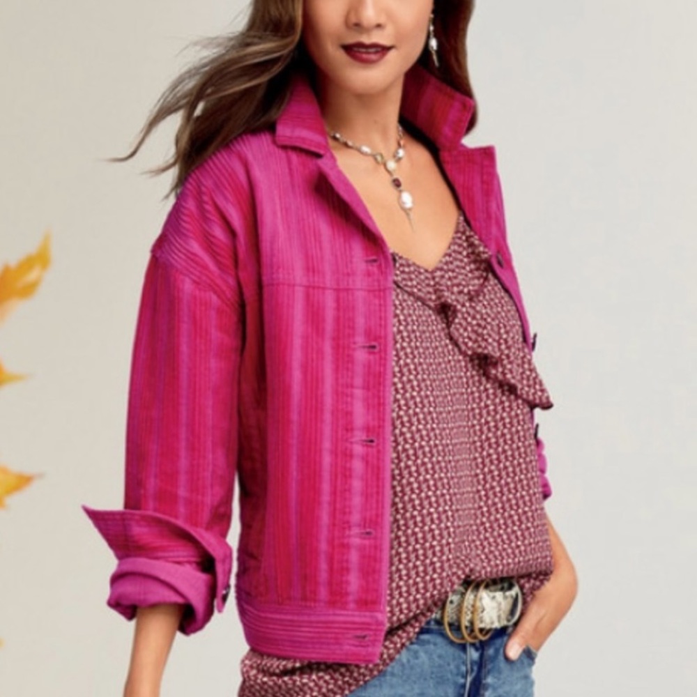 Cabi Cheeky Topper Corduroy Jacket Button Front Pockets Pink Sz L